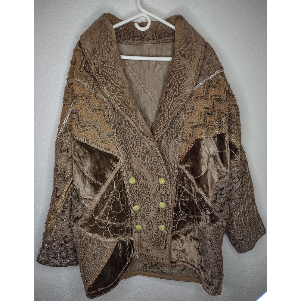Vintage Crushed Velvet Patchwork Coat Brown Boho Paisley Embroidered Metallic